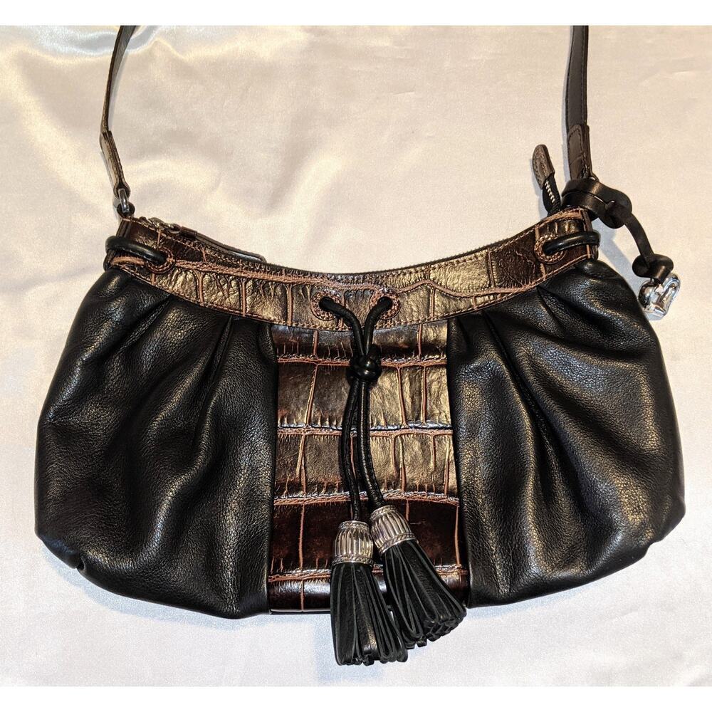 Brighton Croc Embossed Leather Hobo Shoulder Bag Handbag Black/Brown EUC 8x12x3 - Picture 3 of 12